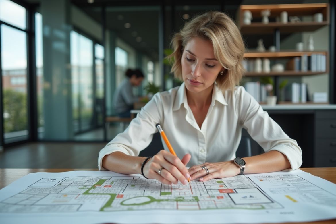 Urbaniste femme examinant cartes de zonage en bureau
