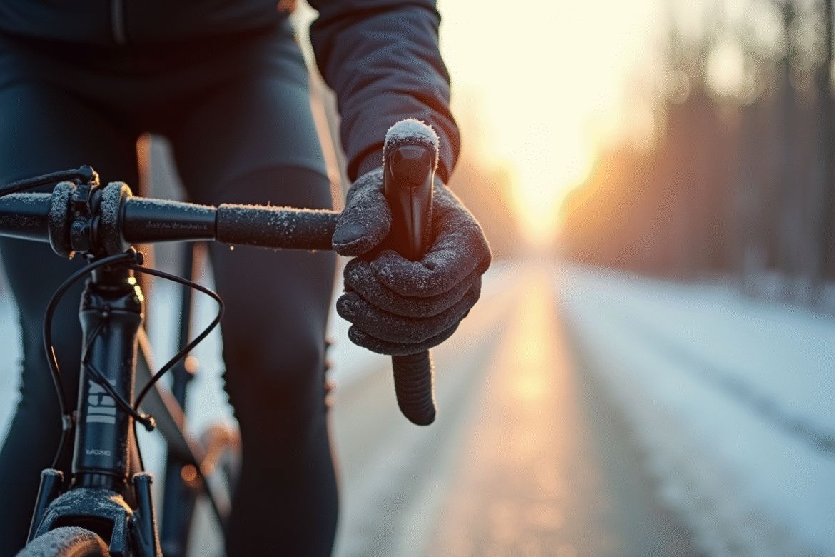 Cycliste portant gants chauffants à vélo par matin frosty