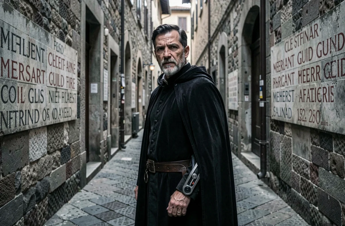 Assassin vieillissant en cape sombre dans une ruelle pavée médiévale italienne avec lame secrète visible au poignet