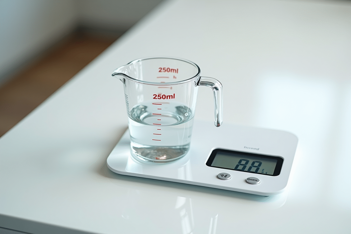 Verre mesureur de 250 ml d'eau sur plan de travail lumineux