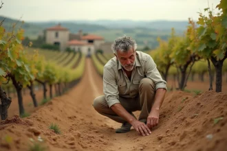 Vigneron gascon étudiant le sol de boulbène dans un vignoble d'Armagnac en automne