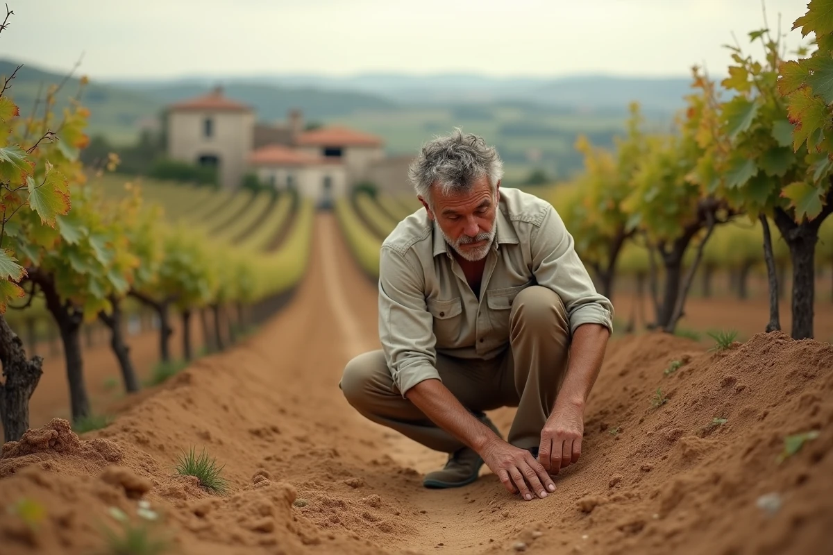 Vigneron gascon étudiant le sol de boulbène dans un vignoble d'Armagnac en automne